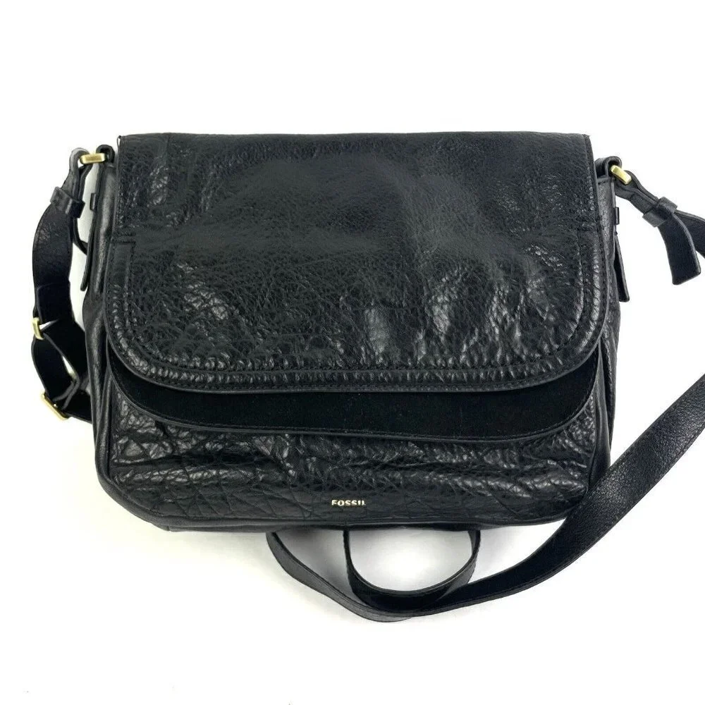 Fossil‎ Peyton Crossbody Bag Black Leather Double Flap Adjustable Strap Handbag